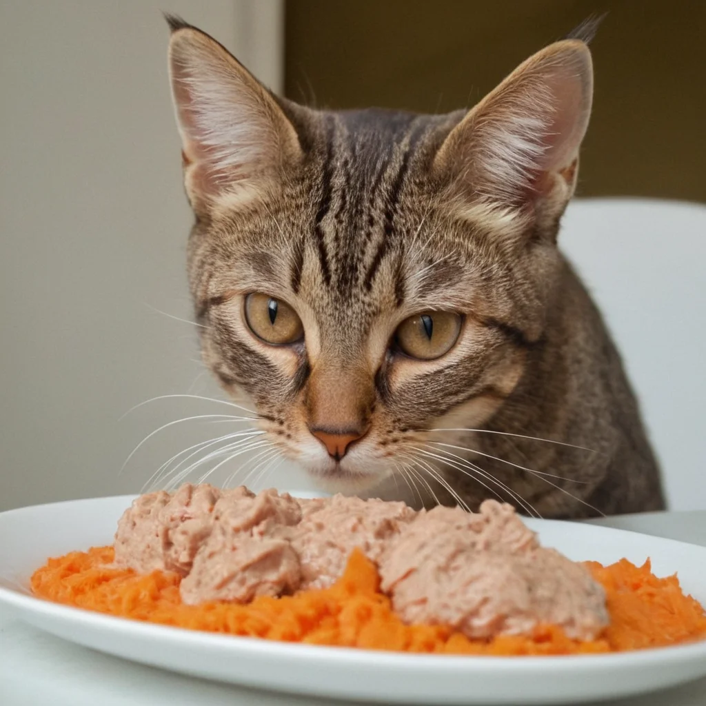 Gato mayor mirando curioso su nueva receta casera y natural Delicia de Pollo y Calabaza