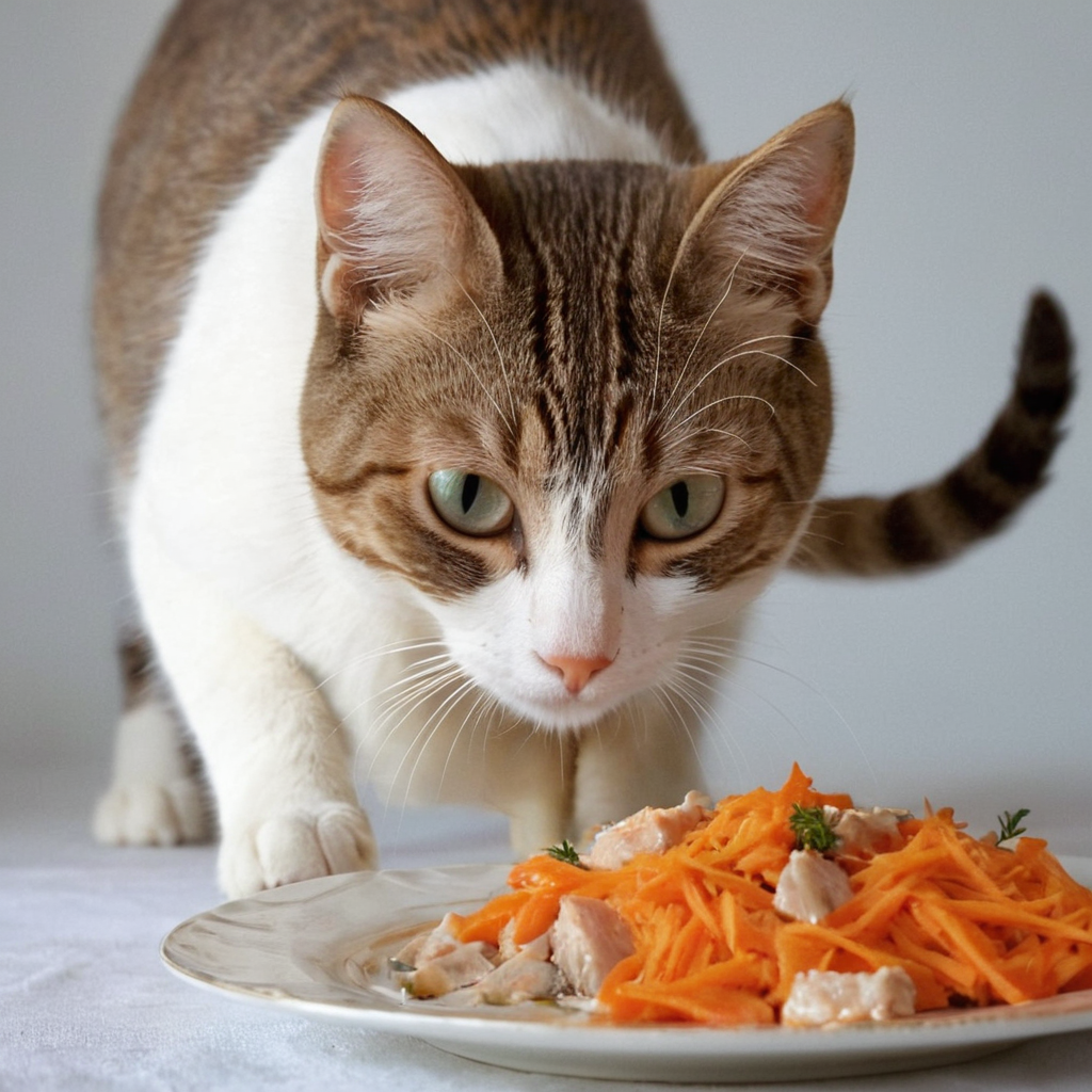Gato mayor mirando curioso su nueva receta casera y natural Mousse de Pescado Blanco y Zanahoria