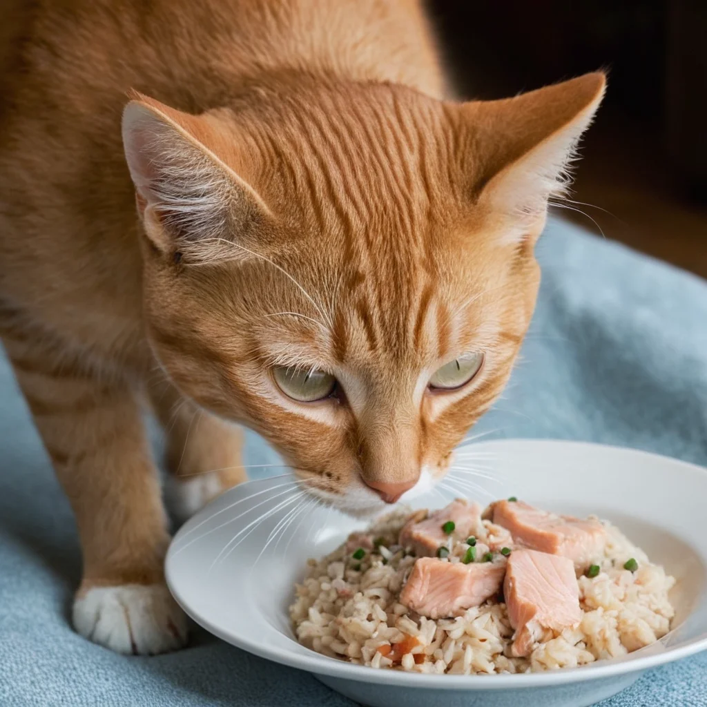 Gato mayor mirando curioso su nueva receta casera y natural Salmón Suave y Arroz Integral con Espinacas