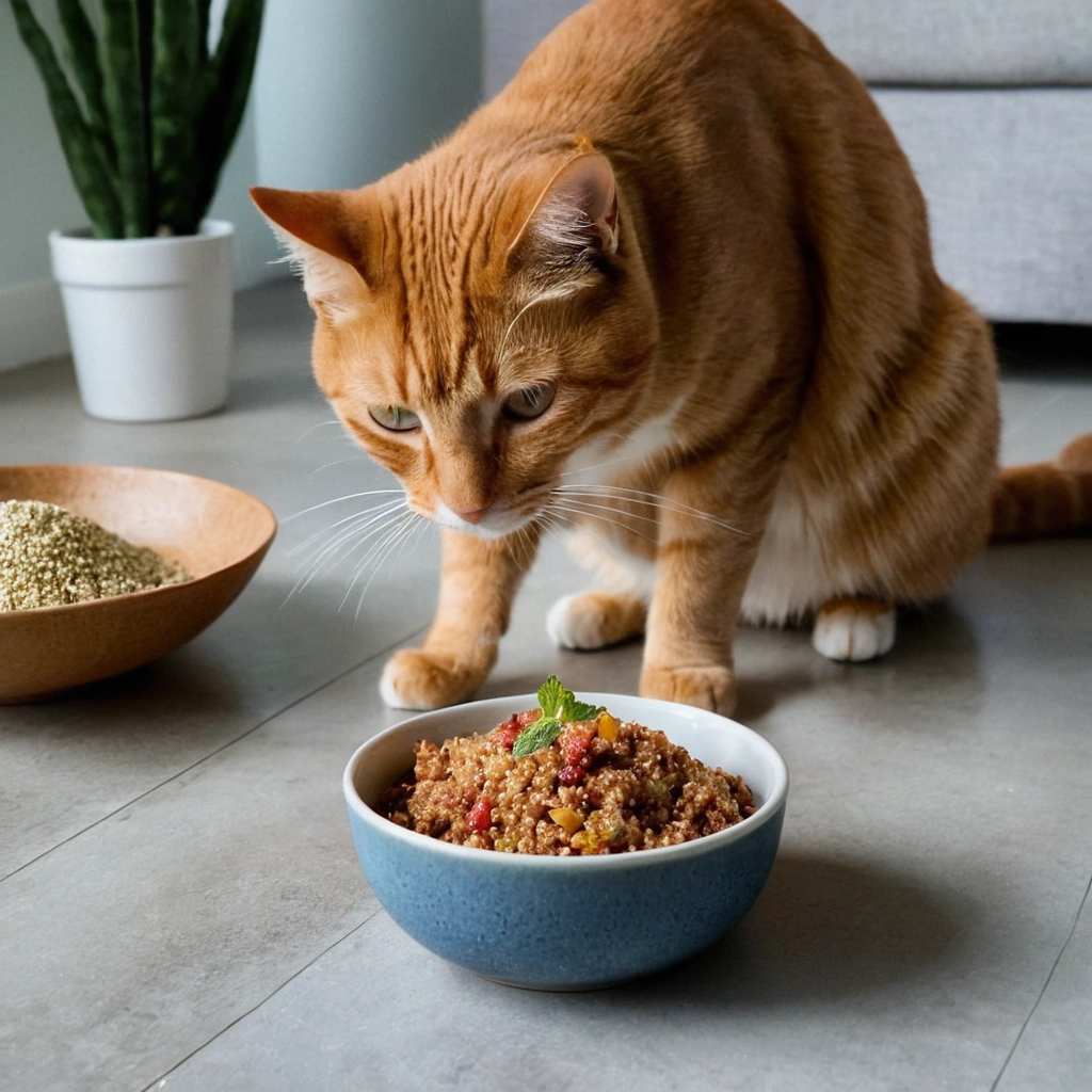 Gato mirando curioso su nueva receta para Gatos hipoalergénicos Arenque y Quinoa para Gatos Exigentes