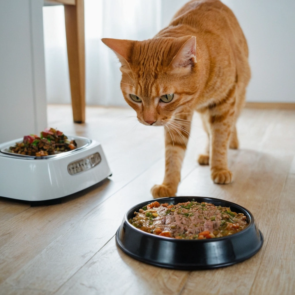 Gato mirando curioso su nueva receta para Gatos hipoalergénicos Banquete de Conejo y Perejil para Felinos Sensibles