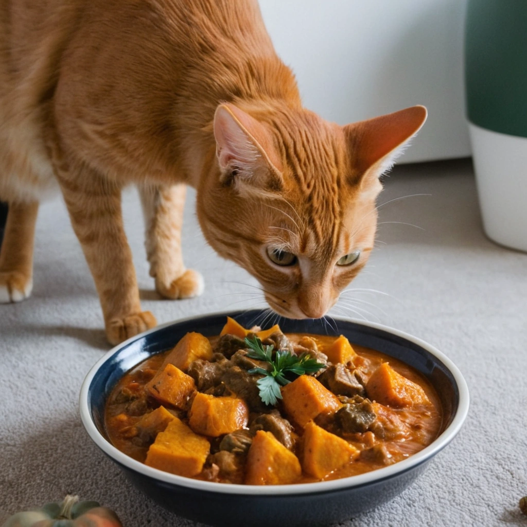 Gato mirando curioso su nueva receta para Gatos hipoalergénicos Delicias de Pavo y Calabaza para Gatos Sensibles