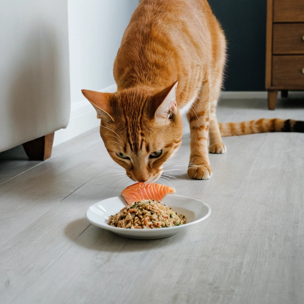 Gato mirando curioso su nueva receta para Gatos hipoalergénicos Festín de Salmón y Arroz para Gatos con Sensibilida