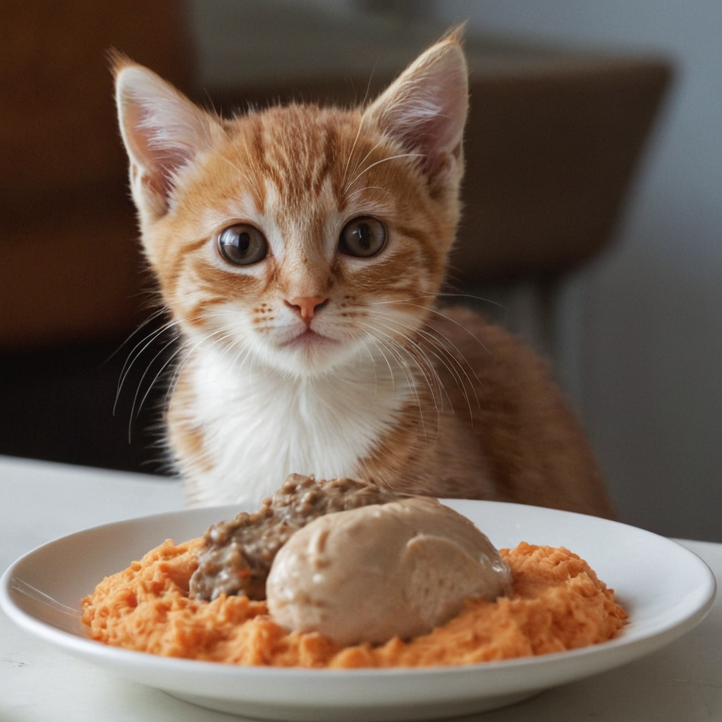 Gato pequeño olfateando su nueva receta casera y natural Paté de Pollo y Calabaza