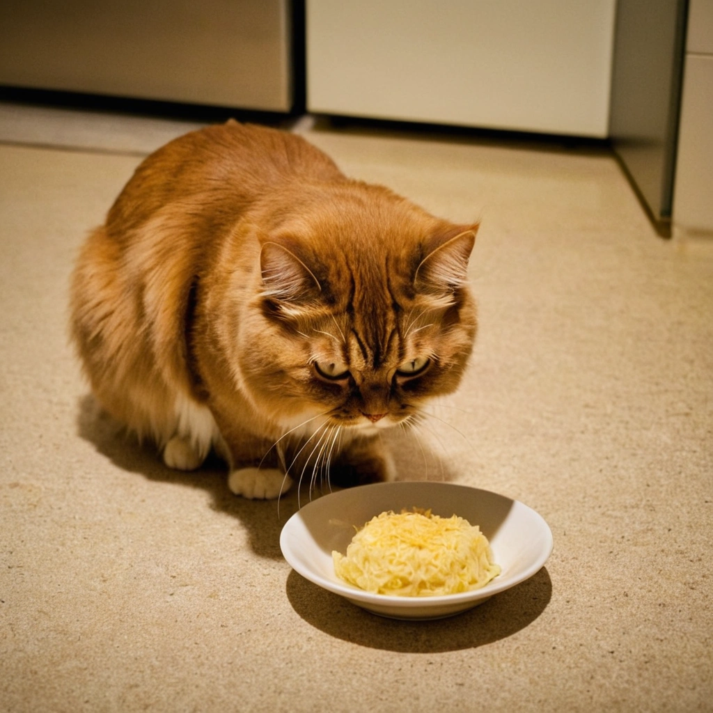 "Gato persa dorado comiendo de un plato de comida casera en un hogar acogedor."