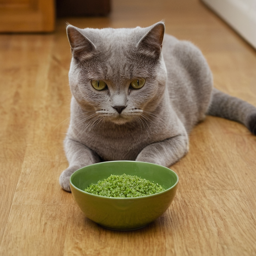 Un gato ruso azul mirando con interés un plato de comida casera especialmente formulada para gatos con problemas renales.