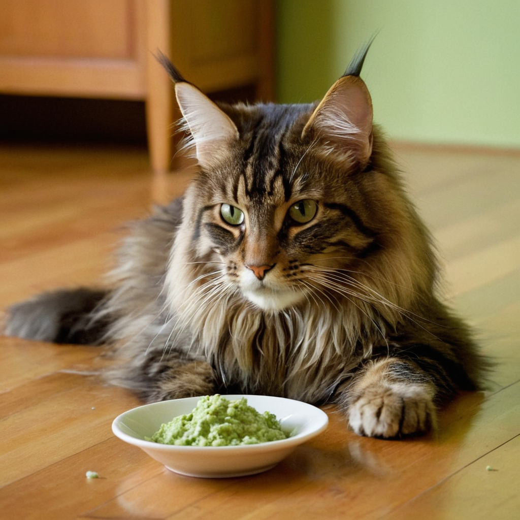 Un gato main coon observando atentamente un plato de comida casera especial para gatos con enfermedad renal.